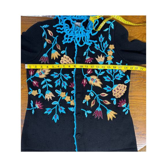 Berek Vintage Knit Fringe Black Blue Floral Embroidered Sweater Women Small - Picture 8 of 9